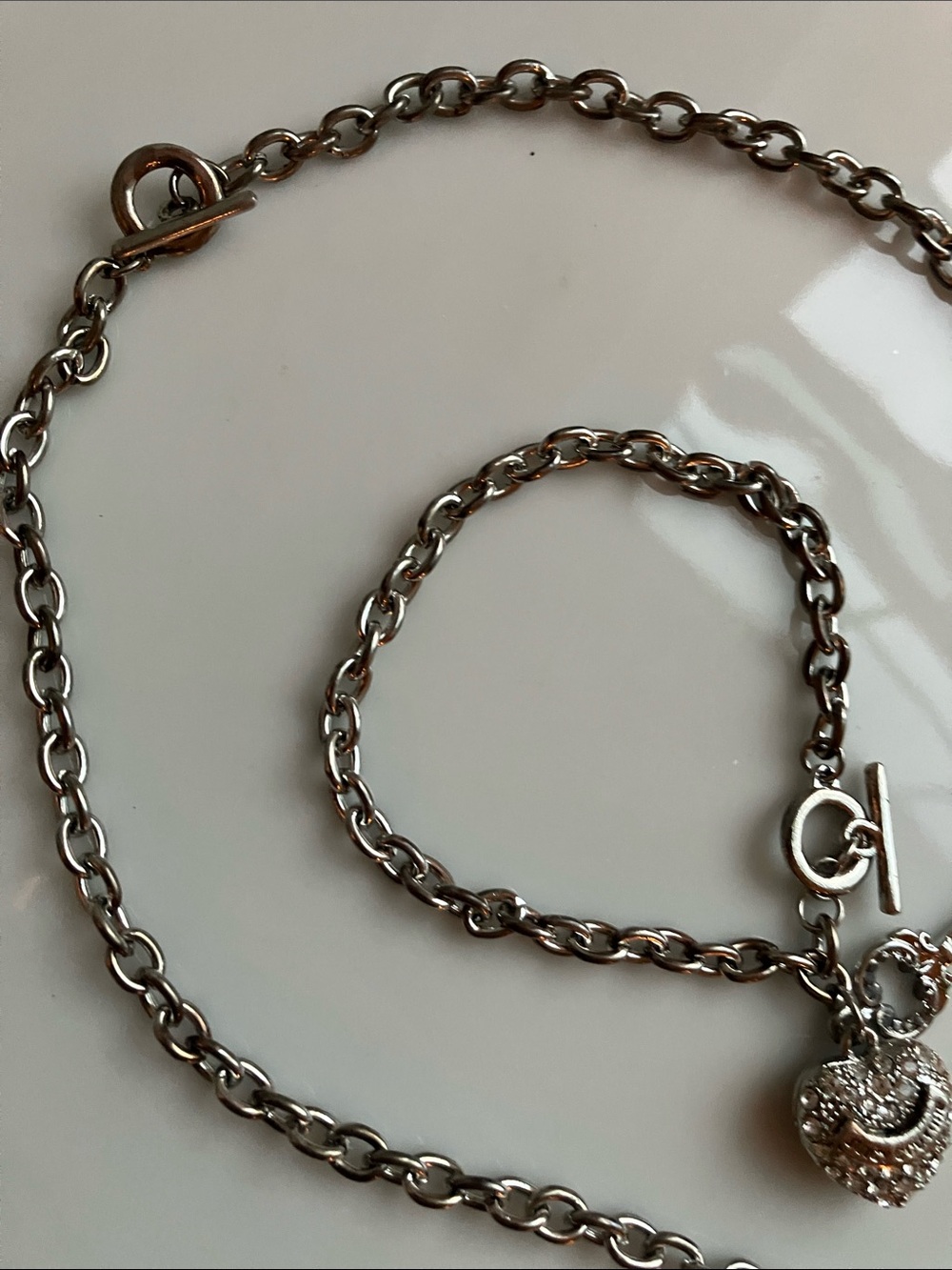 Juicy Couture Rhinestone Puffy Heart Toggle Silver Matching Necklace & Bracelet - Picture 6 of 7
